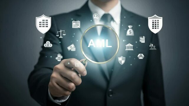 Man in suit holds magnifying glass focusing on aml with financial icons around him on gray background