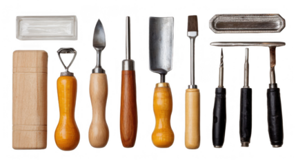 Various glass art tools are neatly arranged on a transparent background, showcasing essential equipment for glassblowing, fusing, and other glass art techniques