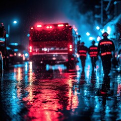 Emergency Response Team in Rainy Urban Environment at Night