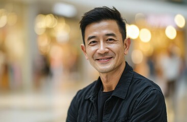 Fototapeta premium A 40 year old Asian male professional exudes confidence, dressed in casual black attire and smiling in a modern urban environment, hinting at his success in design or architecture.