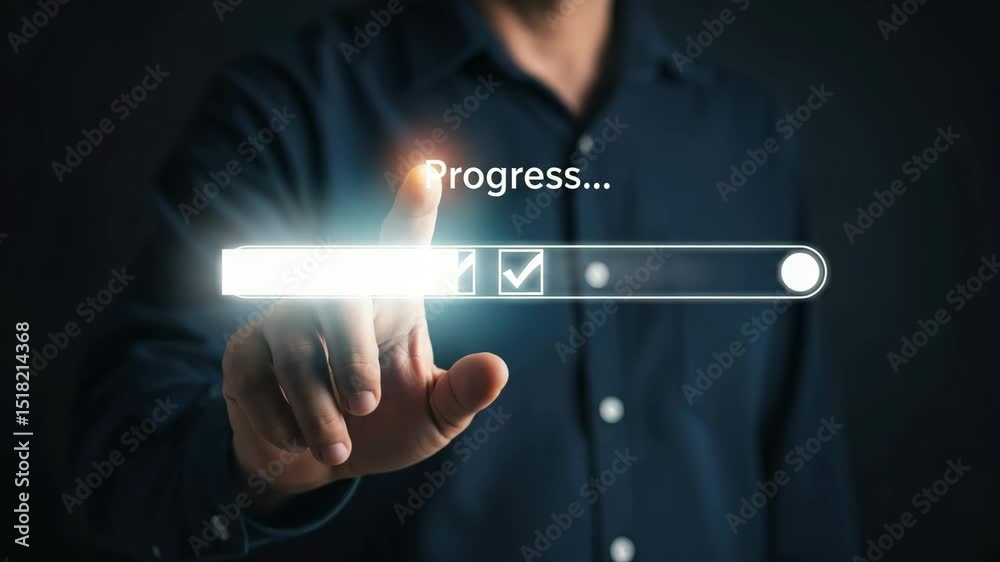 Aufkleber man touching progress bar with check marks on a screen wearing a dark blue collared shirt