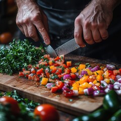 Fresh Vegetable Preparation on Wooden Cutting Board with Hands