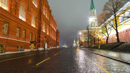 Night view of the Red Square with Christmas decoration in Moscow timelapse hyperlapse.
