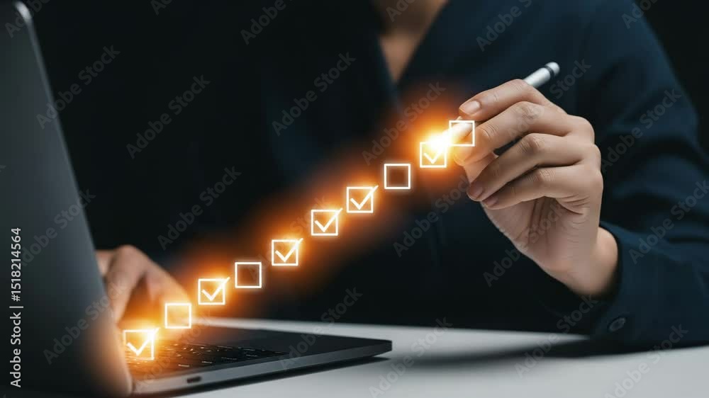 Aufkleber person completing digital checklist with pen near laptop on a desk in dark background setting