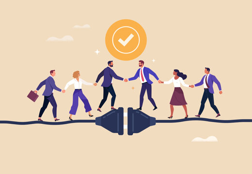 Business Connection Concept. Vector cartoon flat illustration of two business teams with leaders shaking hands while standing on connected electrical plugs. Isolated on background.