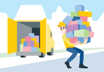 The delivery man carries packages to customers. Online ordering and tracking in the mobile application. 