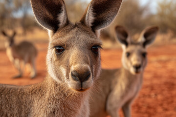 mob of curious kangaroos in australian red dirt outback desert