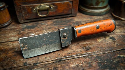 Rusty butcher knife on weathered wooden table