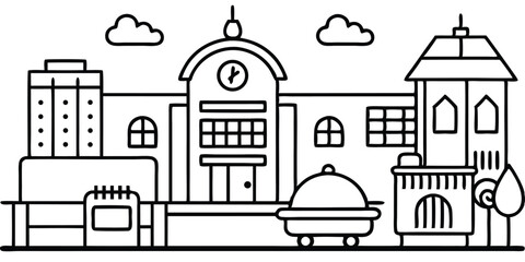 Cityscape outline with buildings, clouds, and architectural details