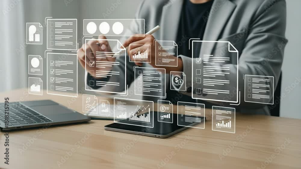 Poster Man in suit using tablet and stylus with floating checklist and data analytics graphics on desk