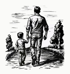Father and Son Walking Away Hand in Hand, Black and White Illustration