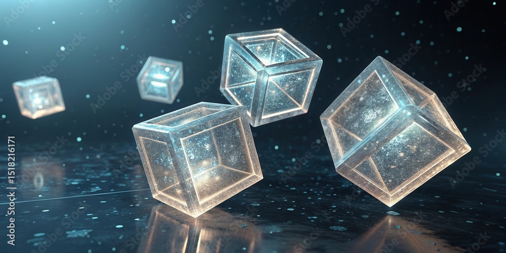 Aufkleber transparent glass cubes float in a futuristic, glowing space with a reflective surface and sparkling