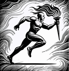 Muscular Man Running with Torch, Black and White Art