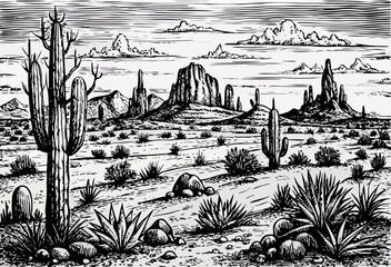 Black and White Desert Landscape Drawing, Southwestern Cacti, Arizona Landscape