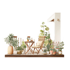 Serene balcony garden featuring wooden deck, potted plants, and cozy seating arrangement. calming layout invites relaxation and connection with nature, creating peaceful retreat