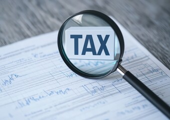 A magnifying glass highlights the word "TAX" on a financial document, symbolizing tax analysis or review.