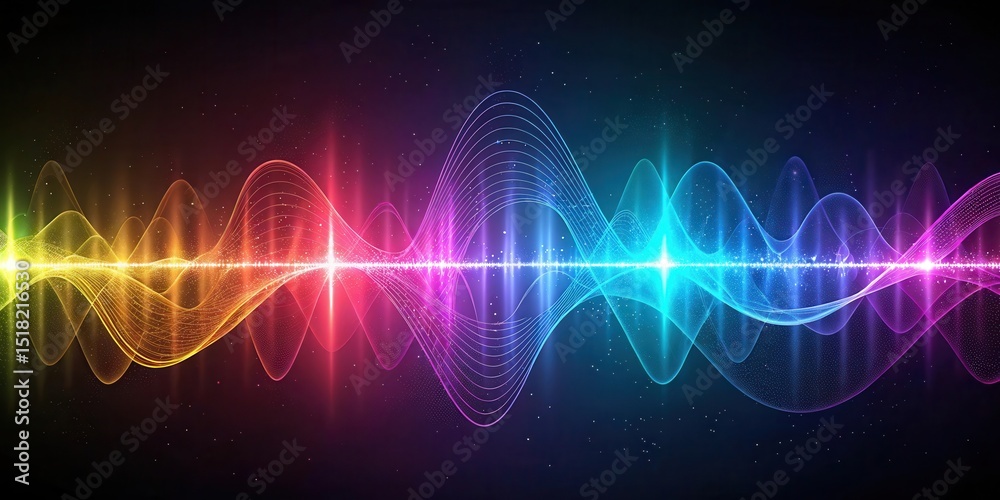 Poster a vibrant, colorful soundwave visualization with glowing lines against a dark background, representi