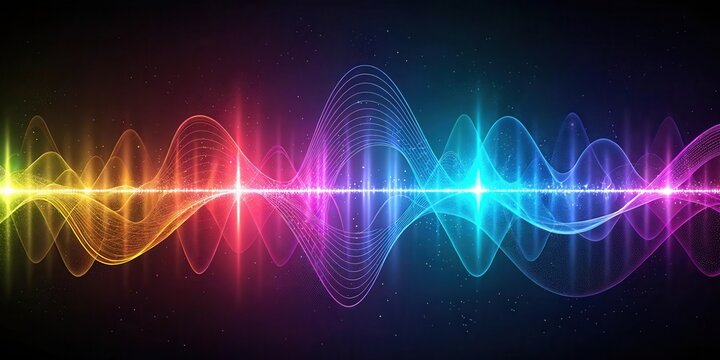 A vibrant, colorful soundwave visualization with glowing lines against a dark background, representing audio or frequency concepts.