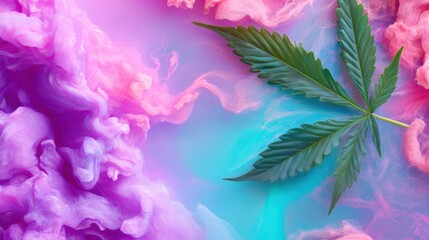 Psychedelic-style digital rendering of cannabis leaf with electric teal and pink