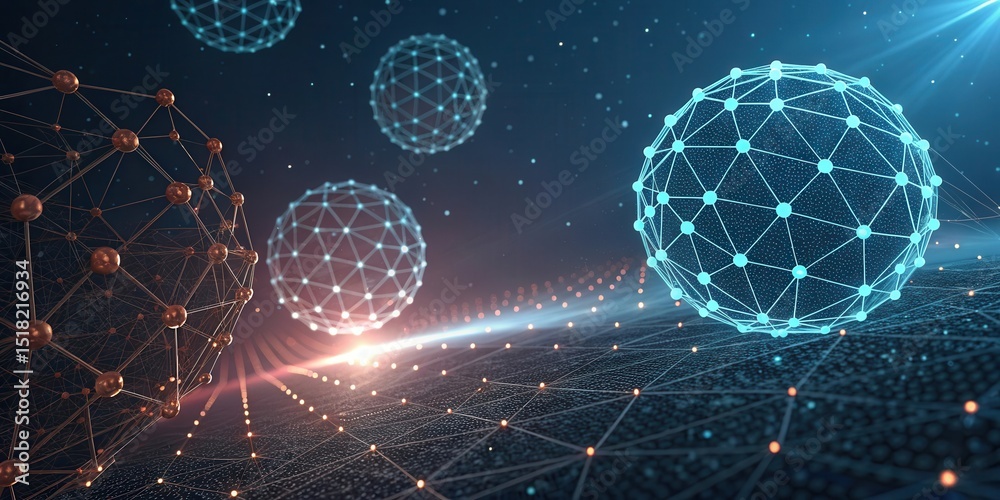 Poster Spherical network structures with glowing nodes and digital connections in a futuristic, abstract environment.