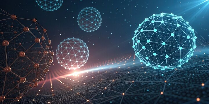 Spherical network structures with glowing nodes and digital connections in a futuristic, abstract environment.