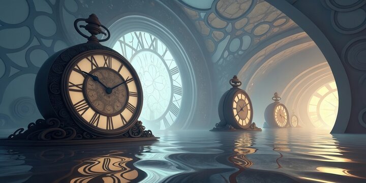 Surreal pocket watches float in flooded arches, blending time and dreamlike reflections in a mystical, ethereal setting.