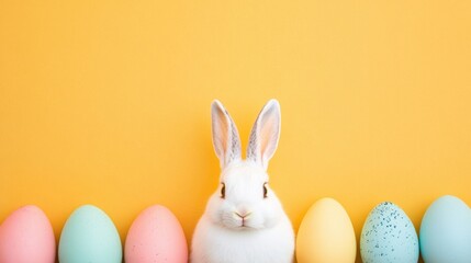 Cute white rabbit surrounded by colorful Easter eggs on yellow background