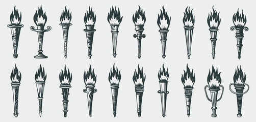 Collection of Vintage Style Hand Drawn Torches and Flames