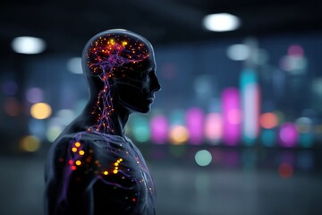 Translucent Photorealistic Human Head Sculpture With Data Visualization And Clean Lines Infographics Depicting Brain Network Connections And Information Flow