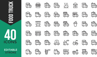 Editable Stroke Vector Icons Set – Food Truck, Street Food, Takeaway & Meal Elements

