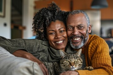 Portrait of a smiling multicultural couple in their 40s relaxing with their cat on the sofa