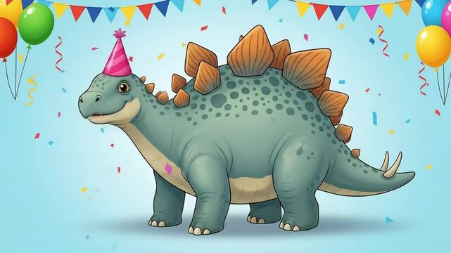 Funny dinosaur cartoon character with balloons, a cute fantasy animal illustration happy birthday party - Powered by Adobe