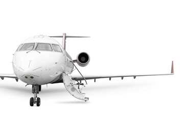 Front view of the regional jet with an opened gangway isolated