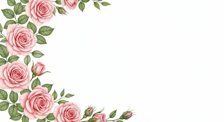 Watercolor Pink Roses Border on White Background
