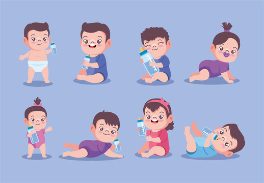 Colorful Baby Bottle Cute Kids Character Illustrations Set