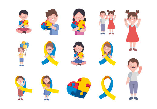 Colorful Down Syndrome Awareness Kids Illustrations Set