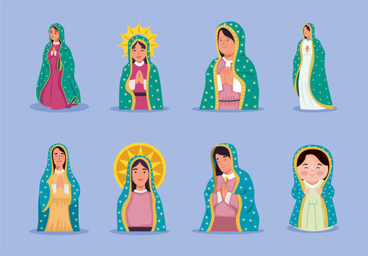 Colorful Virgen Guadalupe Mexican Catholic Religious Illustrations Set