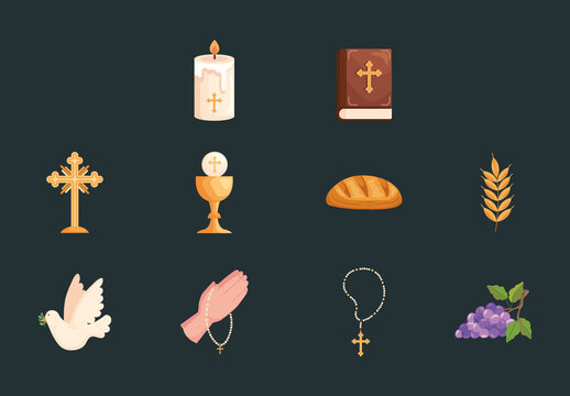 Colorful First Communion Celebration Religious Illustrations Set