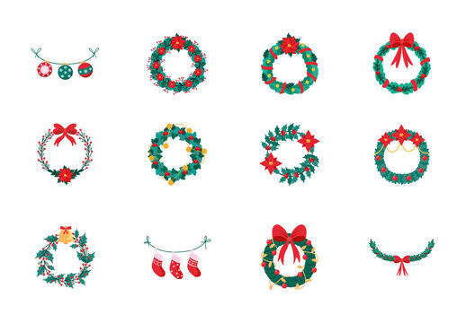 Green And Red Christmas Garland Wreath Decoration Illustrations Set