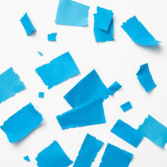 Isolated collection of torn blue piece of paper on white background