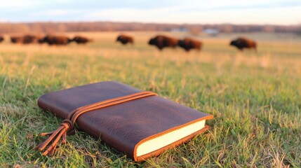 A leather-bound journal resting on grass in a serene landscape with bison grazing in the background