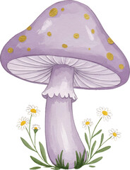 Watercolor Style Fantasy Mushroom with Gold Dots and Daisy Flowers