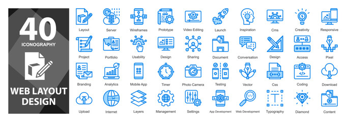 Obraz premium A stylish blue mixed-style icon collection highlighting modern layout concepts and web page structure with a clean, tech-forward look. 