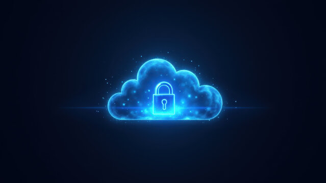 Cybersecurity, secure cloud computing with locked cloud icon.