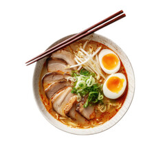 Hot ramen with egg, pork slices, green onion, bean sprout, and spicy broth in ceramic bowl, garnished and served with chopsticks, creating comforting and appetizing meal, isolated​ on​ transparent​