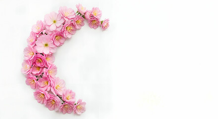 Pink Flowers Crescent Moon On White Background