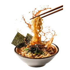 Spicy miso ramen bowl with noodles lifted by chopsticks, seaweed, green onion, and broth splash, creating dynamic and appetizing scene, isolated​ on​ transparent​