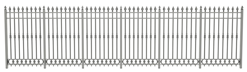 Classic Wrought Iron Style Barrier: This image presents a detailed rendering of a metal fence panel featuring a traditional design with finials and intricate scrollwork elements.