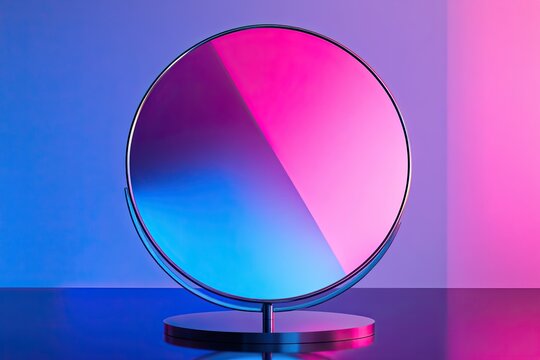 Circular mirror with vibrant neon backdrop