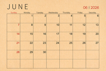 June craft brown paper calendar page for 2026 year.